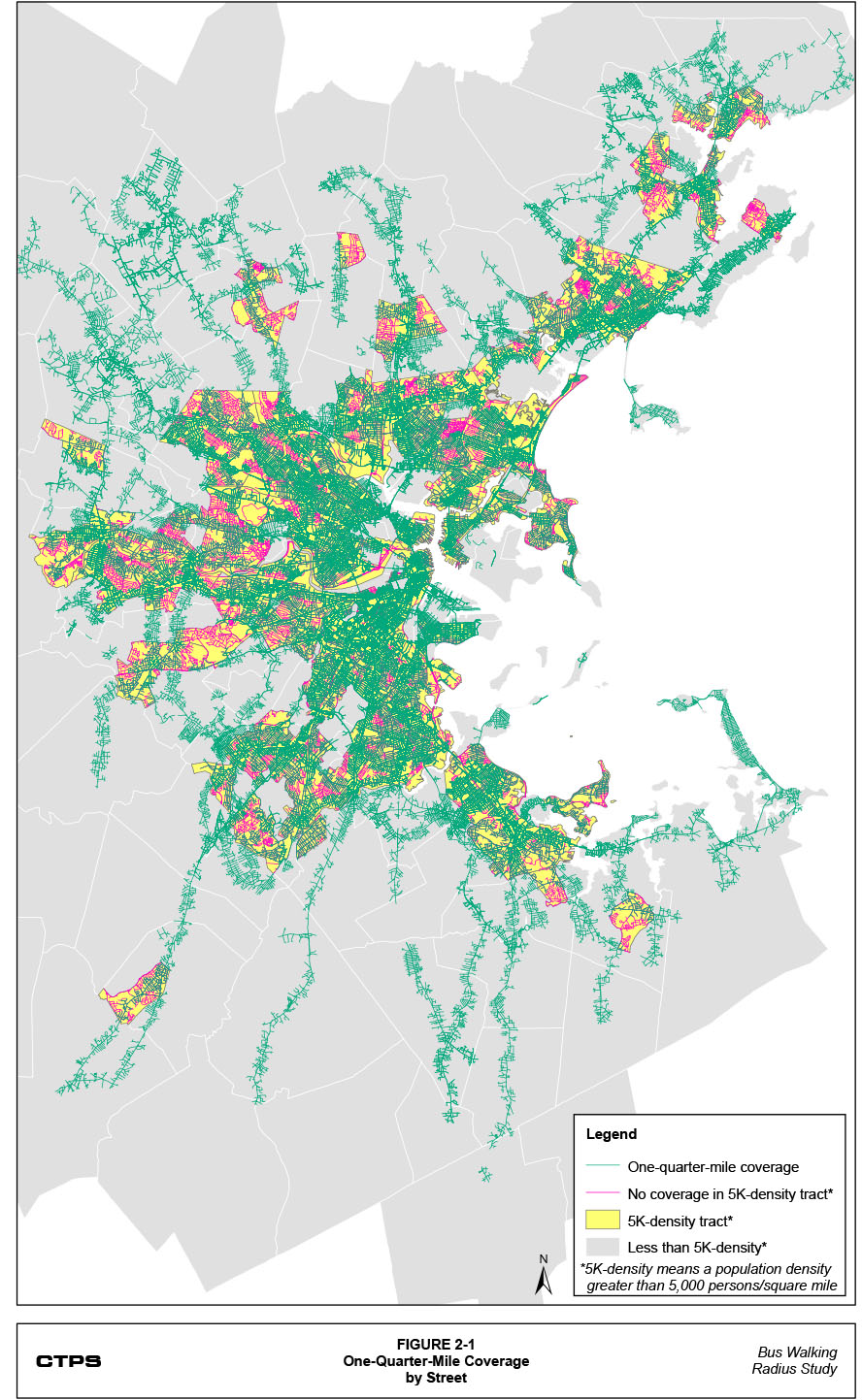 Figure 2-1: One-Quarter-Mile Coverage by Street. This is a map that shows two categories of street miles: 1) the street miles in the one-quarter-mile coverage for the entire MBTA bus and rapid transit systems; and 2) the street miles within census tracts with a population density greater than 5,000 persons per square mile. The map also shows where these two categories of street miles do and do not overlap.